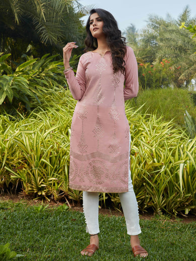 Pretty Pink Cotton Mukaish Work Casual Wear Kurti